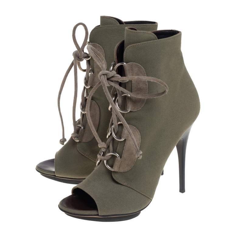Pre Owned Giuseppe Zanotti Green Canvas Lace Up Peep Toe Booties Size 38