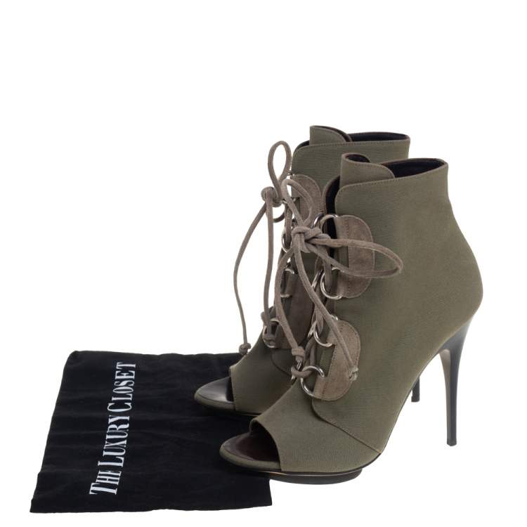 Pre Owned Giuseppe Zanotti Green Canvas Lace Up Peep Toe Booties Size 38