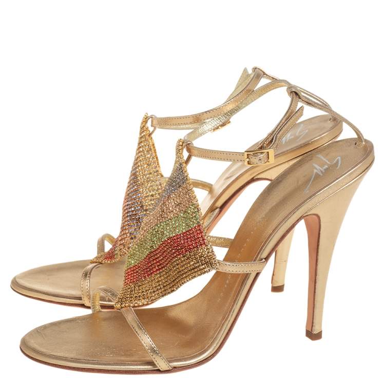 Pre Owned Giuseppe Zanotti Gold Leather Crystal Embellished Sandals Size 41