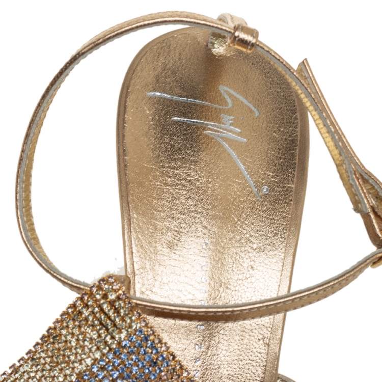 Pre Owned Giuseppe Zanotti Gold Leather Crystal Embellished Sandals Size 41