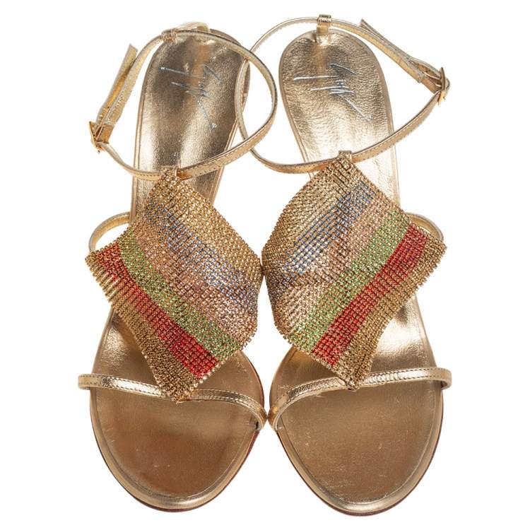 Pre Owned Giuseppe Zanotti Gold Leather Crystal Embellished Sandals Size 41