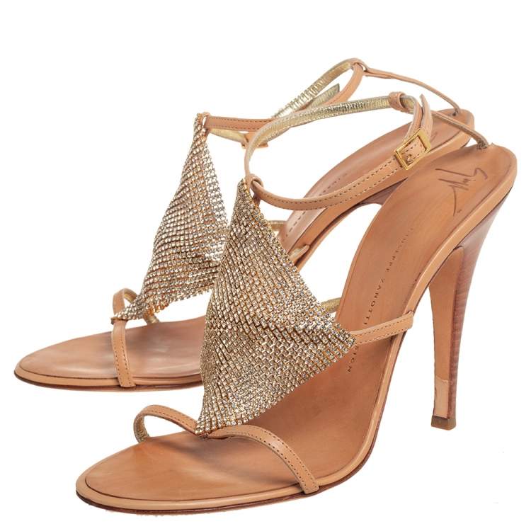 Pre Owned Giuseppe Zanotti Tan Leather Crystal Embellished  Sandals Size 41