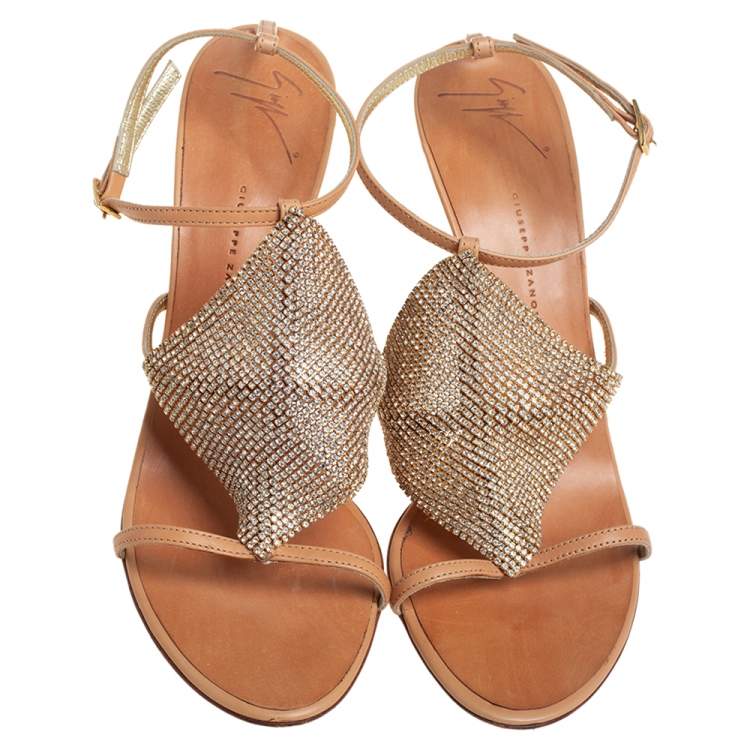 Pre Owned Giuseppe Zanotti Tan Leather Crystal Embellished  Sandals Size 41