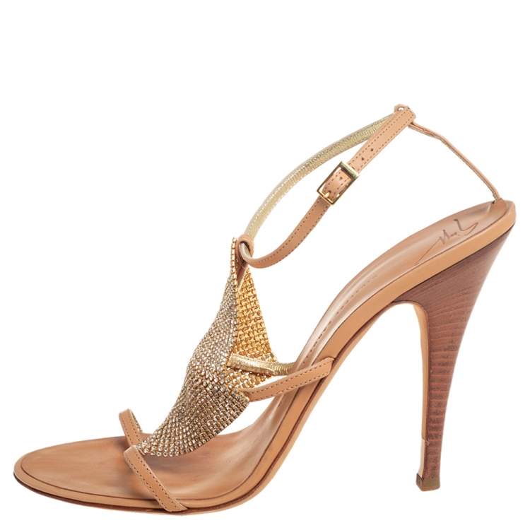 Pre Owned Giuseppe Zanotti Tan Leather Crystal Embellished  Sandals Size 41
