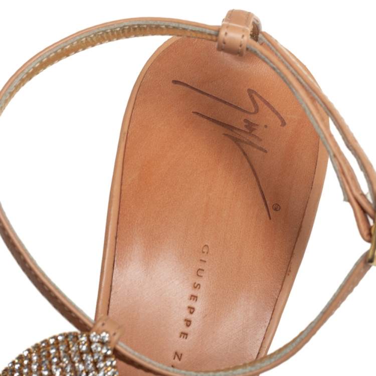 Pre Owned Giuseppe Zanotti Tan Leather Crystal Embellished  Sandals Size 41