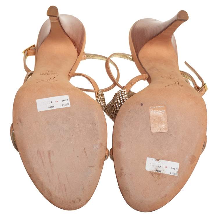 Pre Owned Giuseppe Zanotti Tan Leather Crystal Embellished  Sandals Size 41