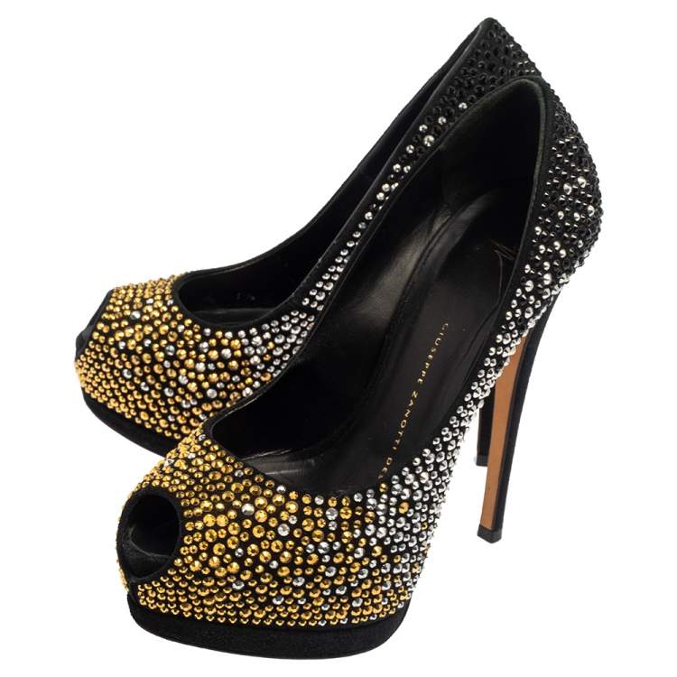 Pre Owned Giuseppe Zanotti Black Suede Crystal Embellished Liza Peep Toe Platform Pumps Size 36