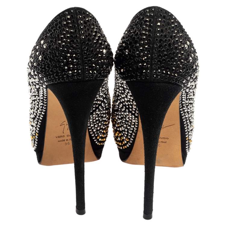 Pre Owned Giuseppe Zanotti Black Suede Crystal Embellished Liza Peep Toe Platform Pumps Size 36