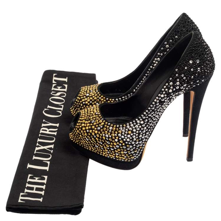 Pre Owned Giuseppe Zanotti Black Suede Crystal Embellished Liza Peep Toe Platform Pumps Size 36