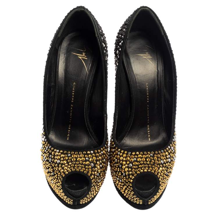 Pre Owned Giuseppe Zanotti Black Suede Crystal Embellished Liza Peep Toe Platform Pumps Size 36
