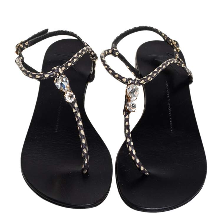 Pre Owned Giuseppe Zanotti Beige/Brown Python Embossed Leather  T Strip Sandals Size 38.5