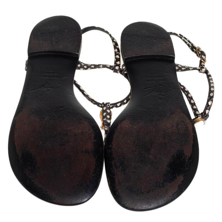 Pre Owned Giuseppe Zanotti Beige/Brown Python Embossed Leather  T Strip Sandals Size 38.5