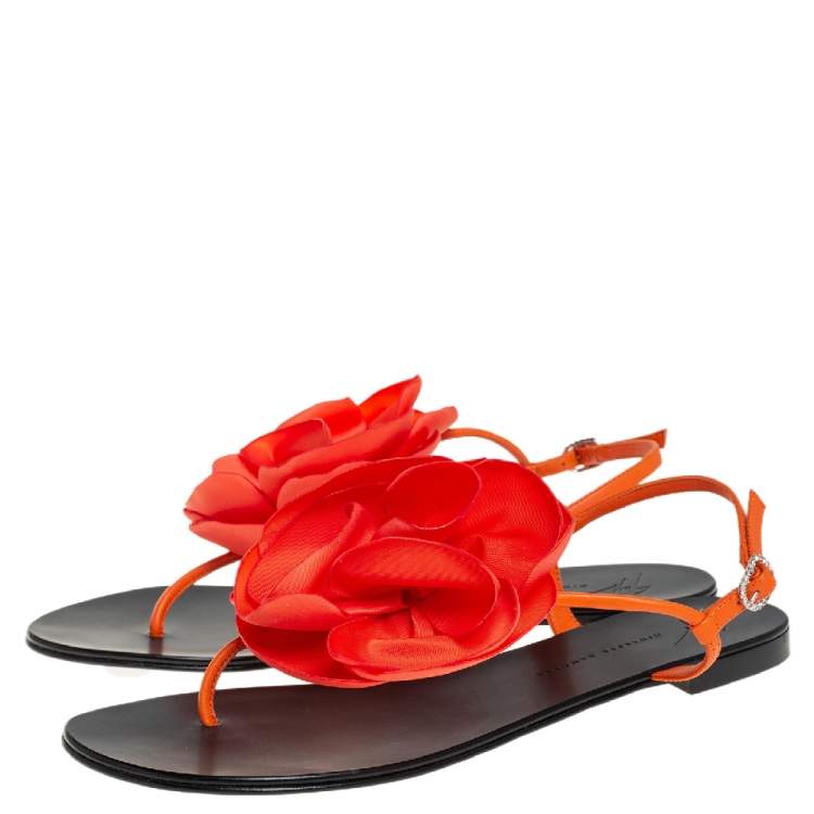 Pre Owned Giuseppe Zanotti Orange Leather And Fabric Flower Embellished Flat Thong Sandals Size 40