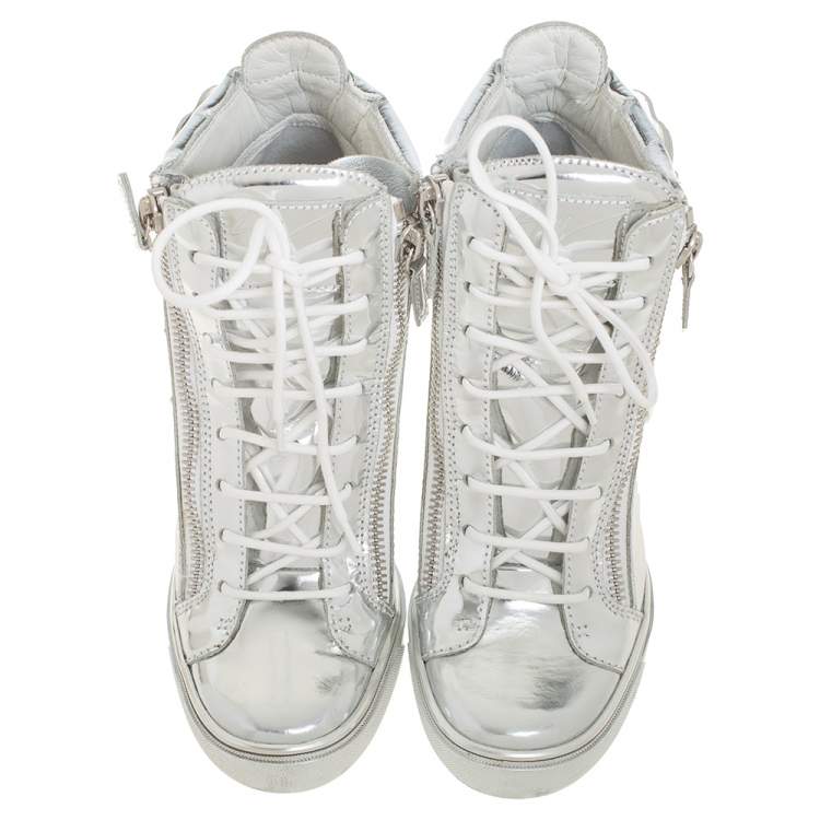 Pre Owned Giuseppe Zanotti Metallic Silver Leather Wings Double Zip Wedge Sneakers Size 40