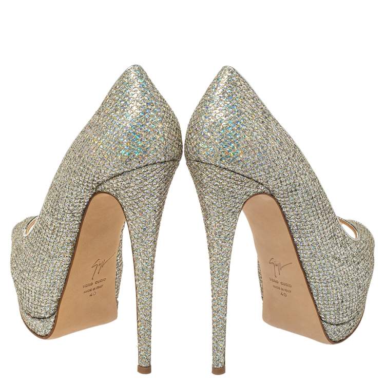 Pre Owned Giuseppe Zanotti Silver Glitter And Leather Sharon Peep Toe Platform Pumps Size 40