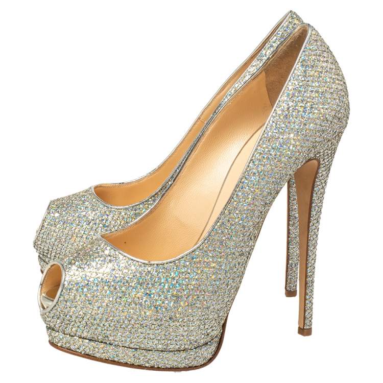 Pre Owned Giuseppe Zanotti Silver Glitter And Leather Sharon Peep Toe Platform Pumps Size 40