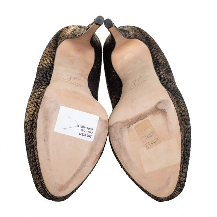 Pre Owned Giuseppe Zanotti Gold/Black Python Embossed Leather Peep Toe Platform Pumps Size 38.5