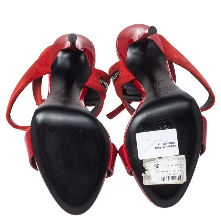 Pre Owned Giuseppe Zanotti Red Suede And Patent Leather Embellished Sandals Size 36