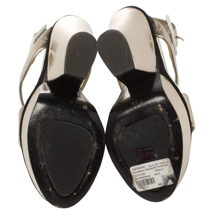 Pre Owned Giuseppe Zanotti Metallic Gold Leather Platform Ankle Strap Sandals Size 36.5