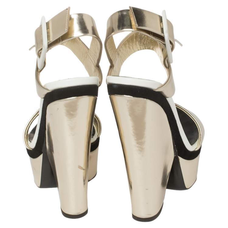 Pre Owned Giuseppe Zanotti Metallic Gold Leather Platform Ankle Strap Sandals Size 36.5
