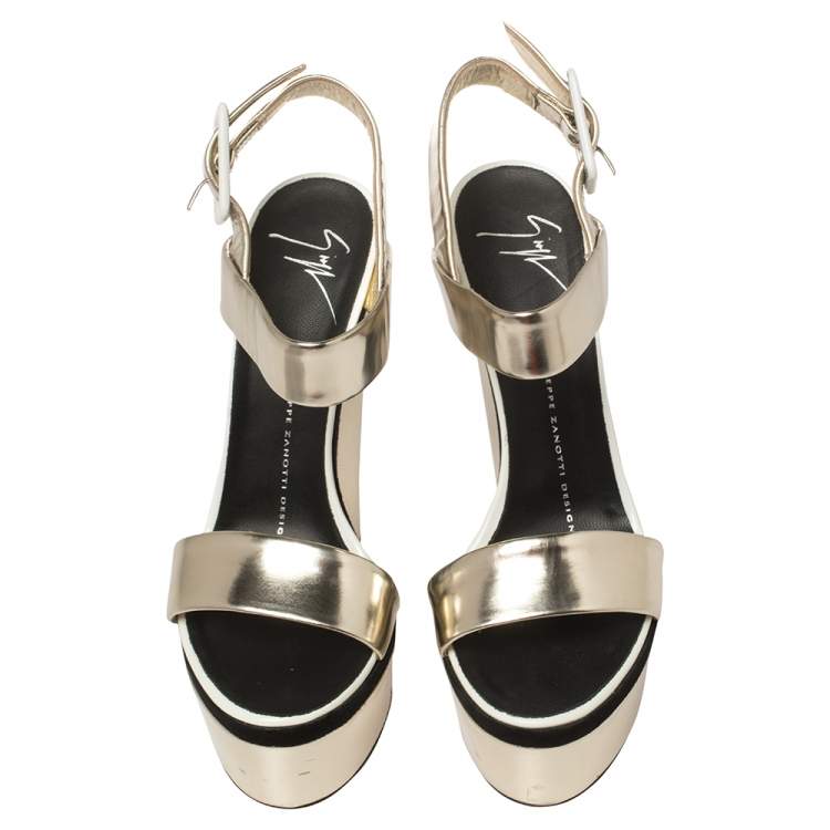 Pre Owned Giuseppe Zanotti Metallic Gold Leather Platform Ankle Strap Sandals Size 36.5