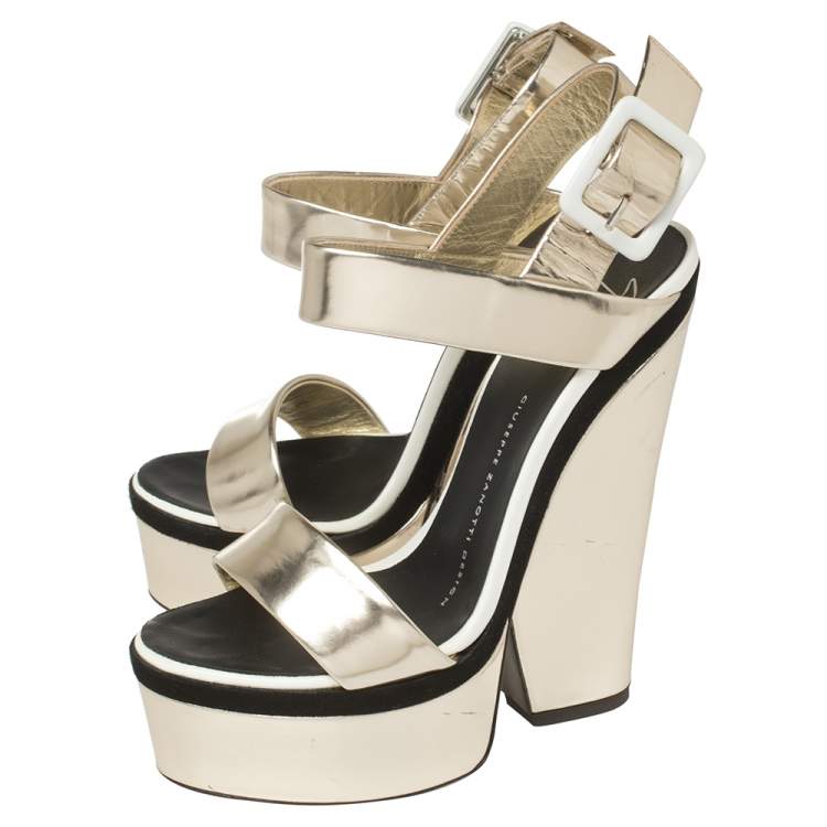 Pre Owned Giuseppe Zanotti Metallic Gold Leather Platform Ankle Strap Sandals Size 36.5
