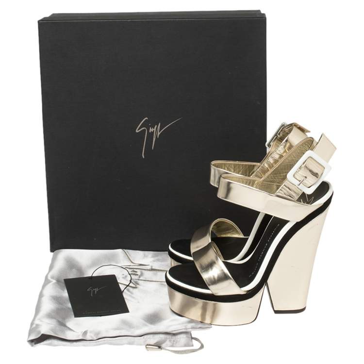 Pre Owned Giuseppe Zanotti Metallic Gold Leather Platform Ankle Strap Sandals Size 36.5