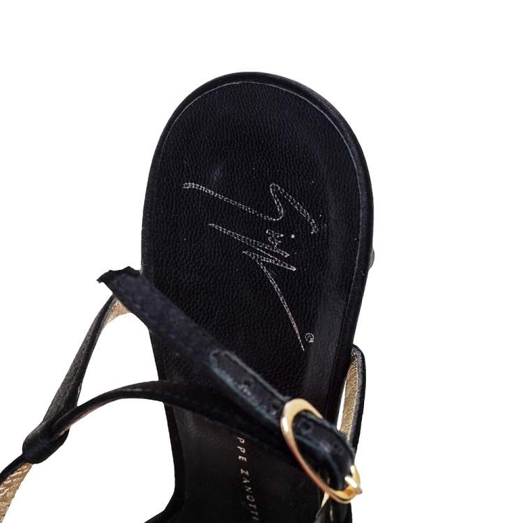 Pre Owned Giuseppe Zanotti Black Satin Crystal Embellished Ankle Strap Sandals Size 38