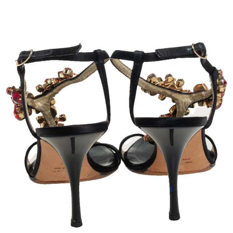 Pre Owned Giuseppe Zanotti Black Satin Crystal Embellished Ankle Strap Sandals Size 38