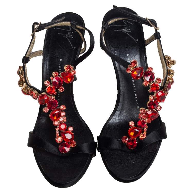 Pre Owned Giuseppe Zanotti Black Satin Crystal Embellished Ankle Strap Sandals Size 38