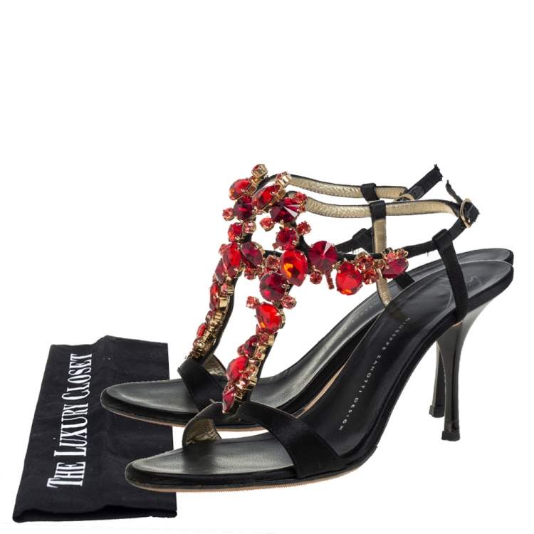 Pre Owned Giuseppe Zanotti Black Satin Crystal Embellished Ankle Strap Sandals Size 38
