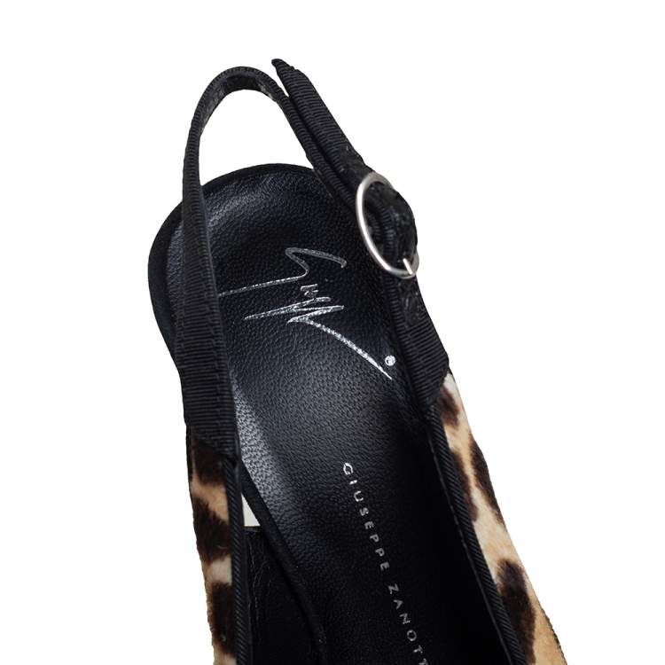 Pre Owned Giuseppe Zanotti Beige Leopard Print Pony Hair Slingback Peep Toe Pump Size 36.5