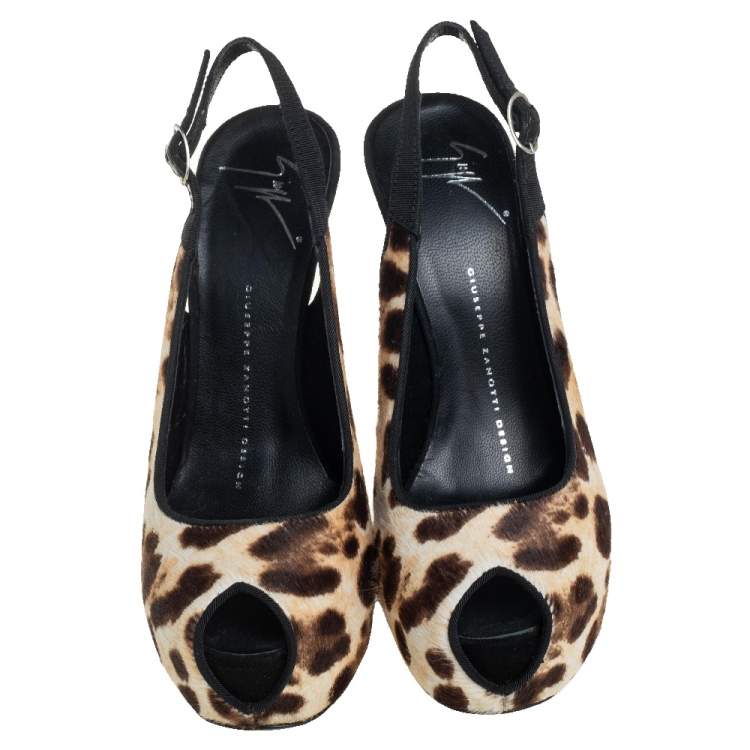 Pre Owned Giuseppe Zanotti Beige Leopard Print Pony Hair Slingback Peep Toe Pump Size 36.5