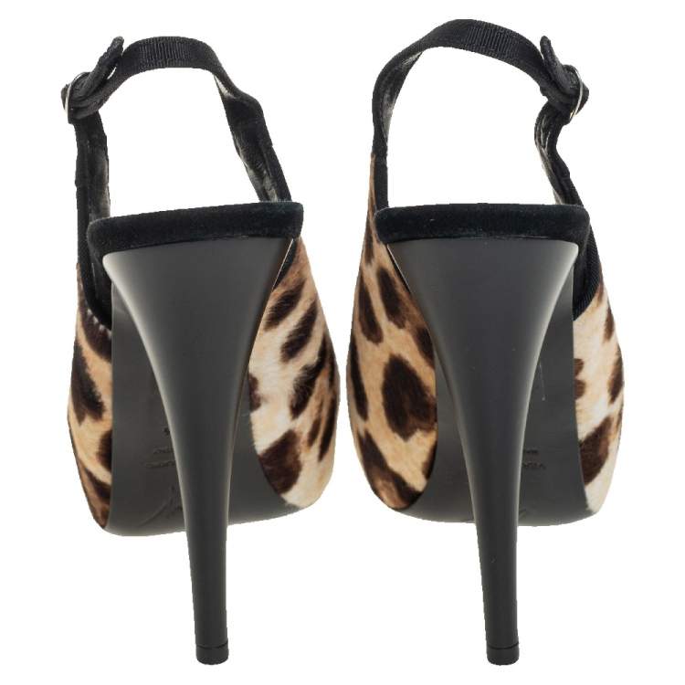 Pre Owned Giuseppe Zanotti Beige Leopard Print Pony Hair Slingback Peep Toe Pump Size 36.5