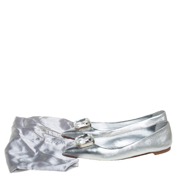 Pre Owned Giuseppe Zanotti Silver Leather Crystal Embellished Ballet Flats Size 40.5