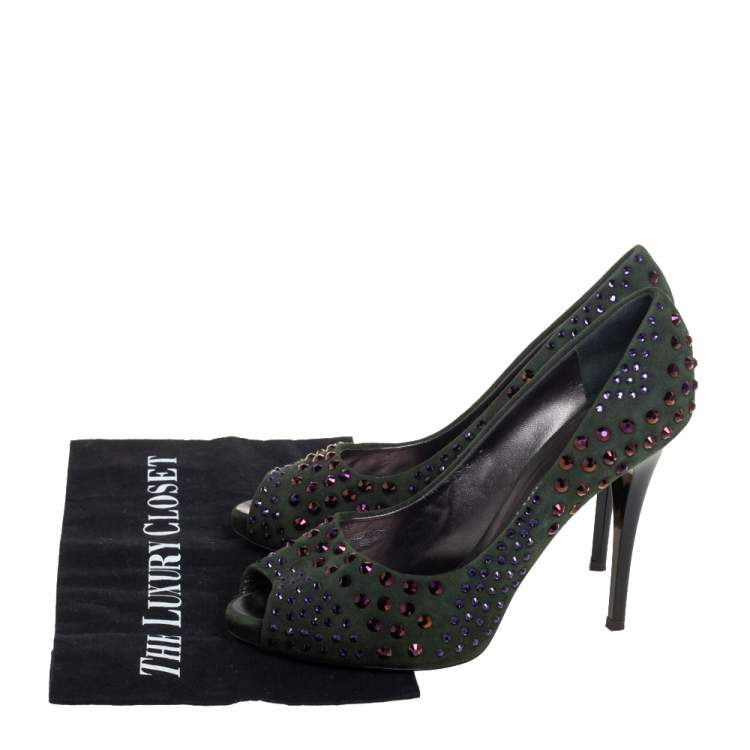 مملوكة مسبقًا Giuseppe Zanotti Green Suede Crystal Embellished Peep Toe Pumps Size 39.5