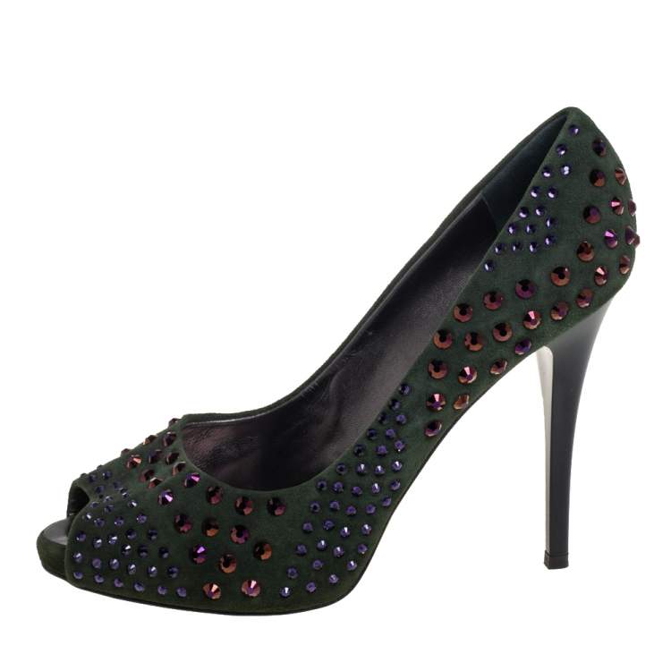 مملوكة مسبقًا Giuseppe Zanotti Green Suede Crystal Embellished Peep Toe Pumps Size 39.5