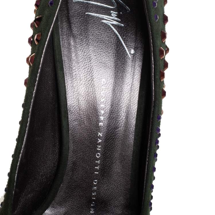 مملوكة مسبقًا Giuseppe Zanotti Green Suede Crystal Embellished Peep Toe Pumps Size 39.5