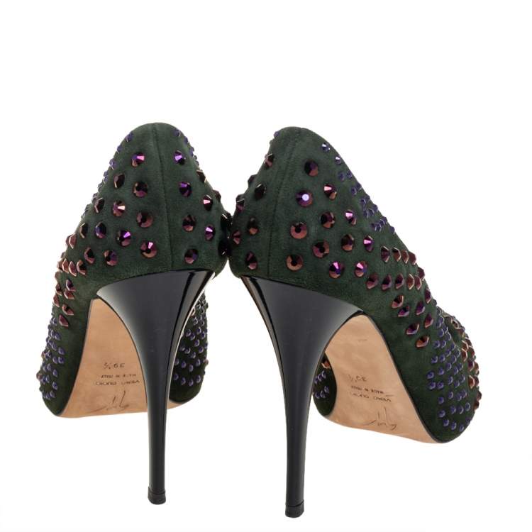 مملوكة مسبقًا Giuseppe Zanotti Green Suede Crystal Embellished Peep Toe Pumps Size 39.5