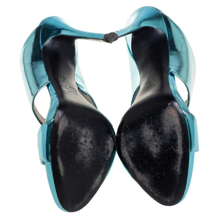 Pre Owned Giuseppe Zanotti Metallic Blue Leather Wide Strap Sandals Size 37.5