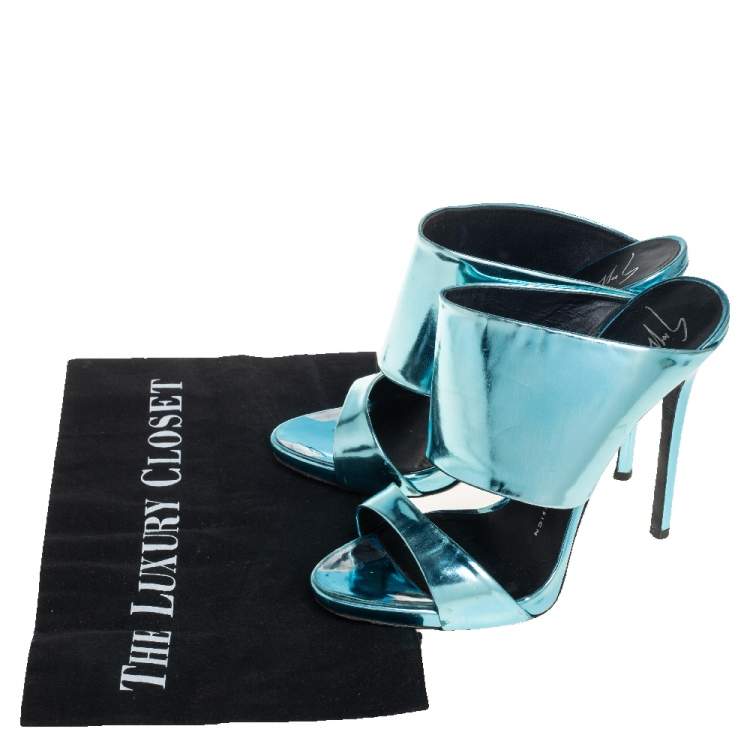 Pre Owned Giuseppe Zanotti Metallic Blue Leather Wide Strap Sandals Size 37.5