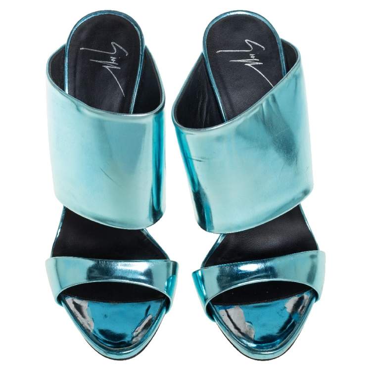 Pre Owned Giuseppe Zanotti Metallic Blue Leather Wide Strap Sandals Size 37.5