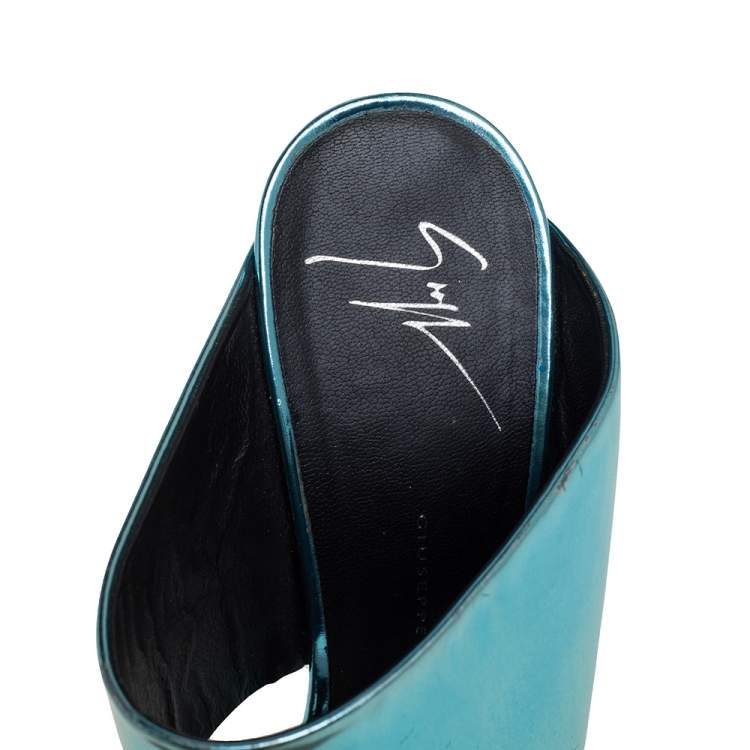 Pre Owned Giuseppe Zanotti Metallic Blue Leather Wide Strap Sandals Size 37.5