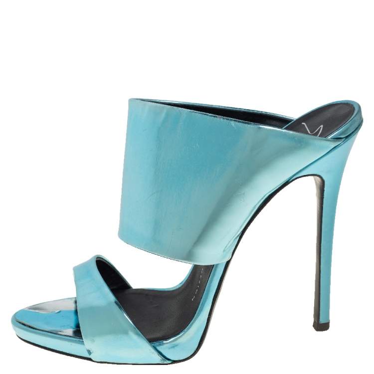 Pre Owned Giuseppe Zanotti Metallic Blue Leather Wide Strap Sandals Size 37.5