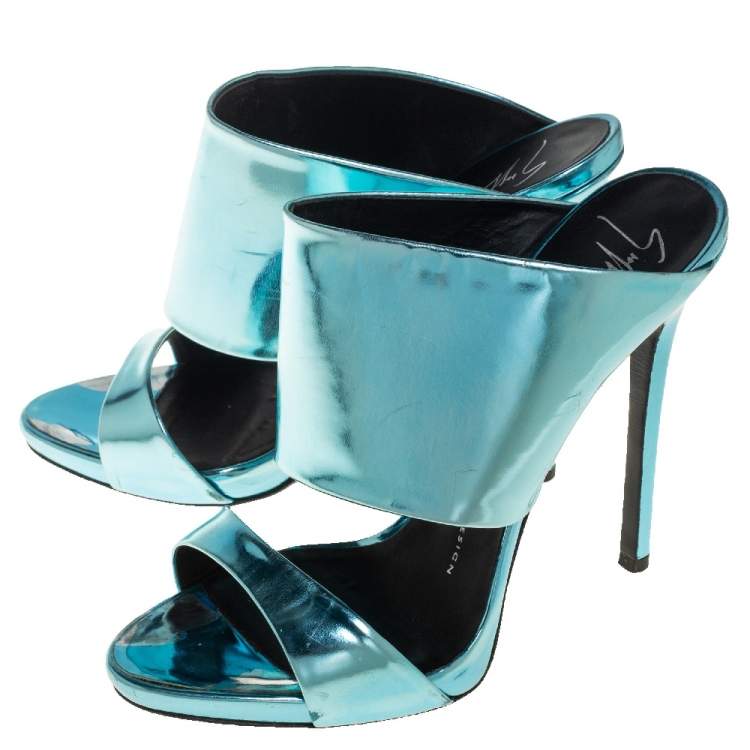 Pre Owned Giuseppe Zanotti Metallic Blue Leather Wide Strap Sandals Size 37.5