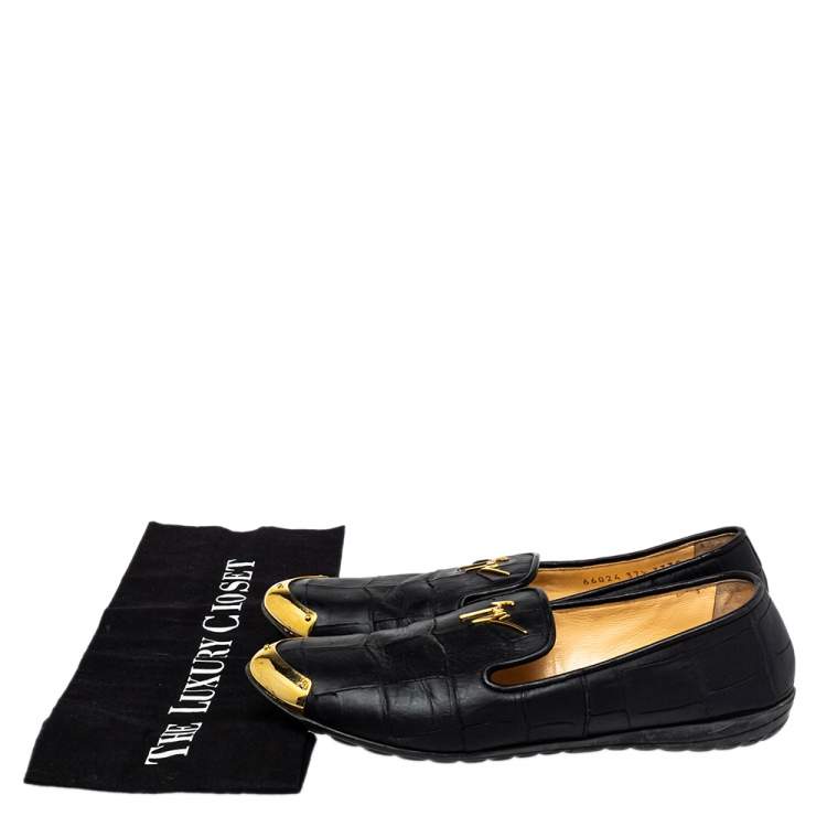 Pre Owned Giuseppe Zanotti Black Croc Embossed Leather Slip On Loafers Size 37.5