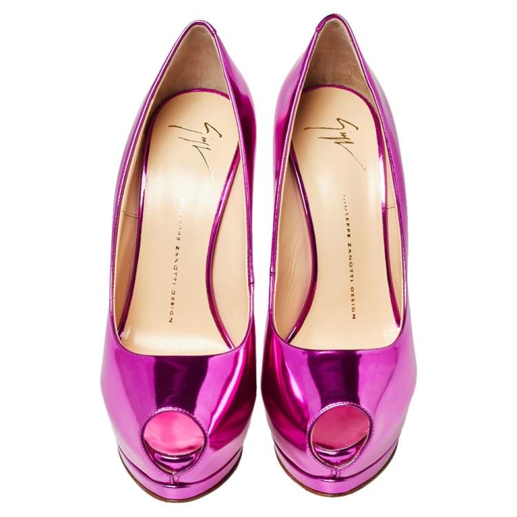 Pre Owned Giuseppe Zanotti Metallic Pink Mirrored Leather Peep Toe Platform Pumps Size 40