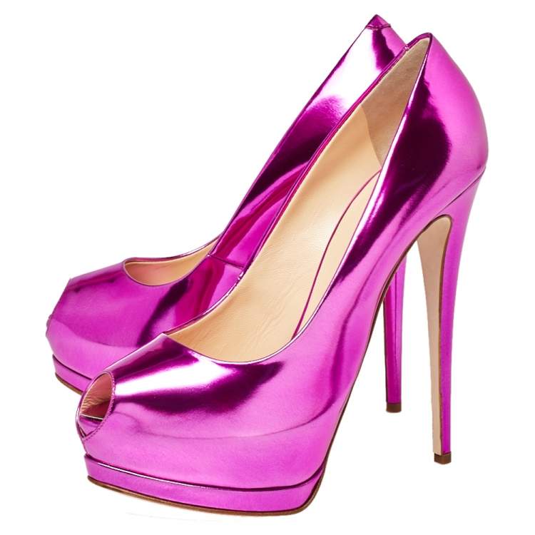 Pre Owned Giuseppe Zanotti Metallic Pink Mirrored Leather Peep Toe Platform Pumps Size 40