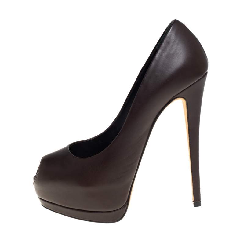Pre Owned  Giuseppe Zanotti Brown Leather Peep Toe Platform Pumps Size 36