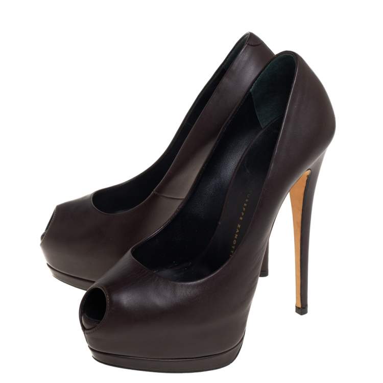 Pre Owned  Giuseppe Zanotti Brown Leather Peep Toe Platform Pumps Size 36
